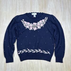 Margules Navy Pink Rose Embroidered Coquette Granny Core Pullover Sweater Medium